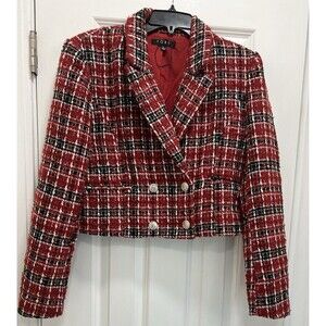 FORE Tweed Cropped Double-Breasted Blazer Red Black White Size L